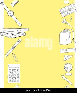 education student kids elementary School Seamless vertical border frame template Black and white hand drawn illustration. Vector graphic line ink art. Stock Vector