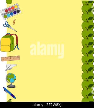 Back-to-school and apple themed border. education elementary School Seamless vertical border frame template colored hand drawn illustration. Vector gr Stock Vector