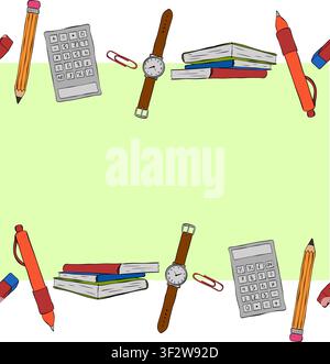 office student and school supplies Seamless horizontal border frame template colored hand drawn illustration. Vector graphic line ink art. Banner, pos Stock Vector