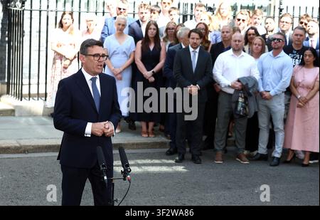 London, UK, 20 July 2026,   Andy Burnham, new British Prime Minister and leader of the Labour Party,  arrives at 10 Downing Street. He is seen speaking to the press and his supporters.    Fred Duval / Alamy Live News Stock Photo