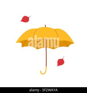 Autumn mood. Large orange open umbrella with fallen leaves around. Cozy seasonal scene. Vector illustration for fall poster Stock Vector
