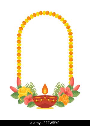 Diwali arch vector frame. Round border of orange and yellow marigold garland decorated with burning clay diya, roses and hibiscus flowers. Elegant holiday design on white background. Stock Vector