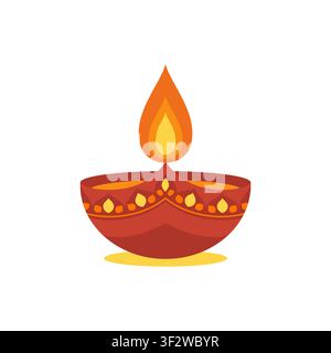Diwali festival vector illustration. Traditional burning clay diya oil lamp with bright flame isolated on white background. Decorative Indian light element for holiday design. Stock Vector