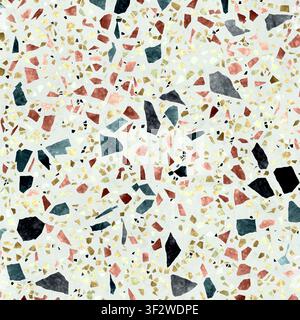 A vibrant, multicolored terrazzo surface featuring a variety of large dark, red, and golden stone fragments on a pale background. Stock Photo