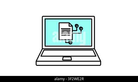 Laptop AI document and circuitry icon: portable computer displaying text file with artificial intelligence microchip symbol on screen, modern offset c Stock Vector