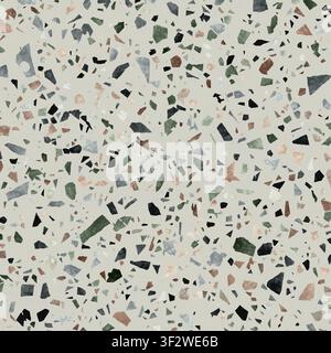 A close-up view of a modern terrazzo surface with dark green, black, and brown stone chips set in a light grey base. Stock Photo