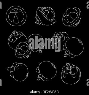 Hand-drawn outline of a mangosteen. white doodle style. Vector drawing Illustration Hand-drawn ink sketch of Mangosteen Fruit, Half Peeled, whole Stock Vector