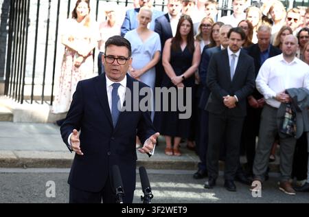 Andy Burnham, new British Prime Minister and leader of the Labour Party,  arrives at 10 Downing Street. He is seen speaking to the press and his supporters outside the Prime Minister's residence. London, UK, 20 July 2026.  (Photo by Fred Duval / Sipa USA) Stock Photo