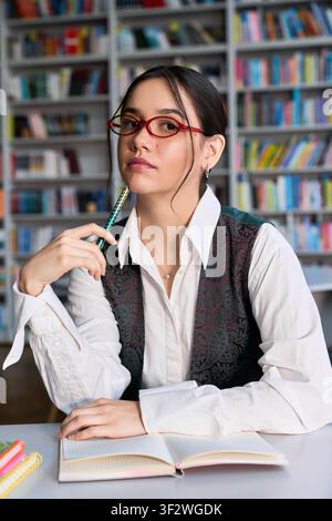 A confident university student sits in a library, engaged in her studies Stock Photo