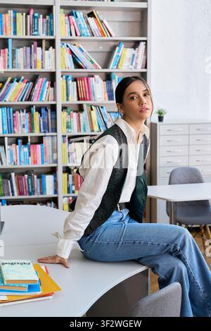 A confident young woman in preppy style studies at her campus library table Stock Photo