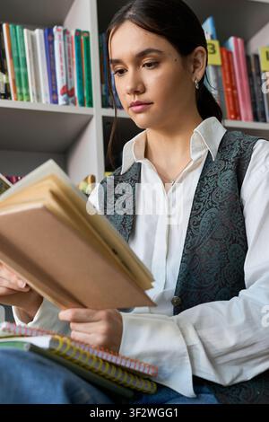 Young woman in preppy attire deeply focused on her book in a vibrant college library Stock Photo