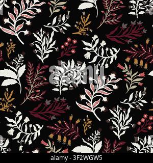 Dark Moody Black Floral Twigs Artwork Stock Vector