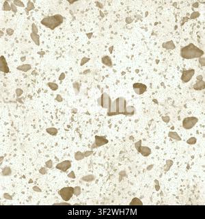 A close-up texture shot of off-white terrazzo featuring scattered large brown stone fragments. Stock Photo