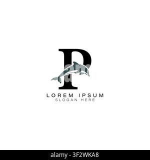 Letter P logo with Dolphin Art. Alphabet P Dolphin Icon Design Stock Vector