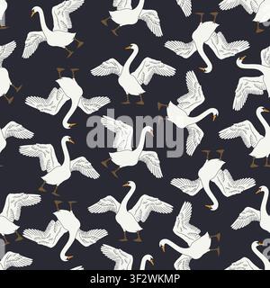 Hand drawn ink line art swan with spread wings seamless pattern on black background Stock Vector