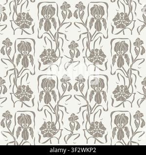 Art nouveau style hand drawn silhouette iris flowers seamless pattern Stock Vector