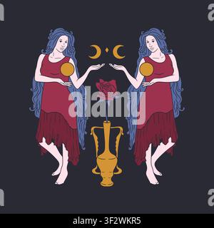 Beautiful long hair woman holding sun and half moon vector illustration Stock Vector