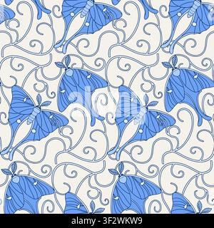Art Nouveau monochrome blue seamless pattern with Luna moths and elegant curves Stock Vector