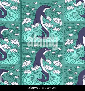 Dolphin jumping from sea waves seamless pattern vector illustration. Hand drawn ocean repeat background Stock Vector