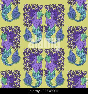 Beautiful long hair mermaid holding conch shell seamless pattern on yellow background vector illustration Stock Vector