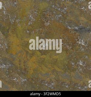 A detailed texture of a mineral-rich rock surface featuring rust-colored oxidation and dark grey patches. Stock Photo