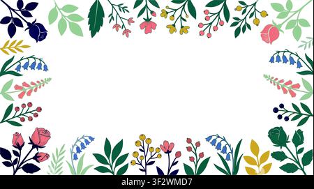 Botanical Rectangular Frame with Roses and Berries, Flat Vector Illustration for Wedding Invitations, Floral Border Design with Muted Sage Green and Stock Vector