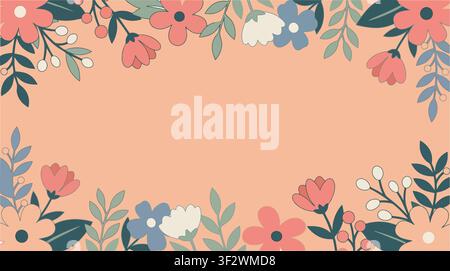Retro Floral Frame Vector Illustration with Botanical Border on Pastel Peach Background, Modern Minimalist Design Template with Copy Space for Stock Vector