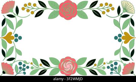 Elegant Floral Frame with Folk Art Flowers and Leaves, Symmetrical Wedding Invitation Border Design in Soft Pastel Colors, Vector Illustration Stock Vector