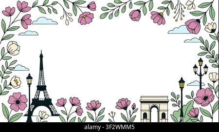 Paris floral frame vector illustration with Eiffel Tower and Arc de Triomphe. Romantic pastel line art style travel background with copy space. Stock Vector