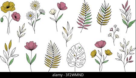 Minimalist Boho Botanical Vector Set: Hand-Drawn Wildflowers, Ferns, and Monstera Leaves for Elegant Wedding Invitations, Packaging, and Branding Stock Vector