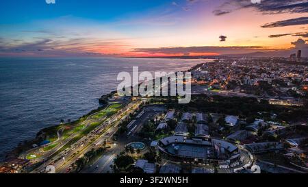 Aerial view of Feria Ganadera illuminated at night with surrounding ...