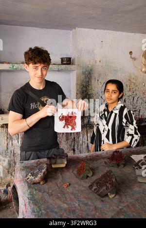 Textiles block printing onto fabric, Jaipur, Rajasthan , India, Stock Photo