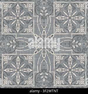 Distressed Gray Ornamental Tile Seamless Pattern with Floral Medallions Stock Vector