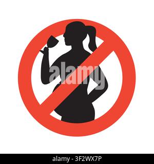 no alcohol during pregnancy icon, FAS (fetal alcohol syndrome) risk, pregnant woman drinking alcohol inside red prohibition sign, warning symbol for p Stock Vector