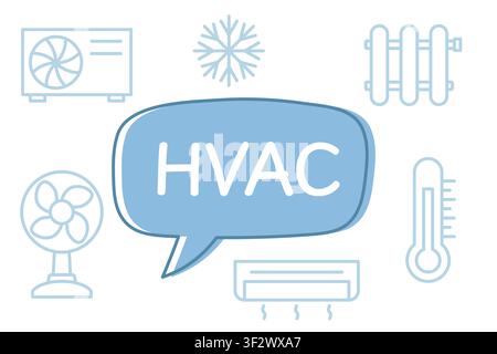 HVAC (Heating, Ventilation and Air Conditioning) acronym in speech bubble surrounded by fan, air conditioner, thermometer, radiator, snowflake icons., Stock Vector