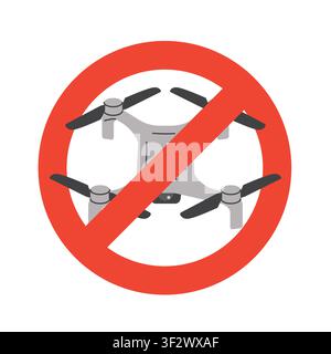 no drone sign,  red prohibition circle with diagonal slash, no flying zone warning symbol - vector illustration Stock Vector