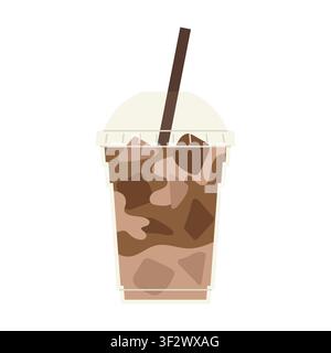 coffee frappe with ice cubes in plastic cup and straw, summer takeaway beverage for cafe, menu, web, app - vector illustration Stock Vector