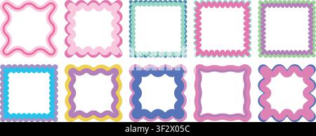 Colorful Wavy Square Frame Collection Vector Illustration Scalloped Border Decorative Shape Frame Set Stock Vector