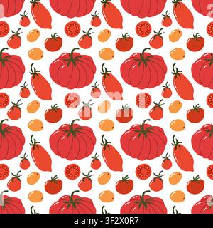 Bright seamless pattern featuring whole red tomatoes, yellow cherry tomatoes, juicy tomato slices and seeds on a white background. Perfect for textile Stock Vector