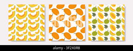 Collection of three modern seamless patterns featuring handdrawn cantaloupe slices, whole melons, green striped melons and melons with leaves. Perfect Stock Vector