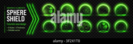 Protect ball shield and light green sphere with barrier energy glow. Yellow neon hexagon and force circle security with protection safety bubble. Tech Stock Vector