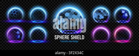 Barrier dome sphere with shield protect blue and background light digital. 3d hexagon glow with cyber vector effect and bubble technology ball. Glass Stock Vector