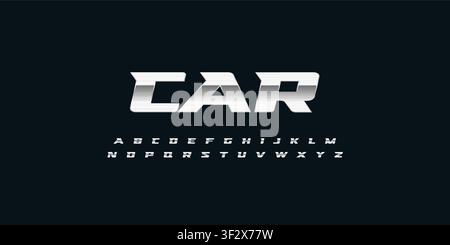 Car chrome vector font. Metallic modern letters, polished steel style symbols. Aluminium bold geometric alphabet Stock Vector