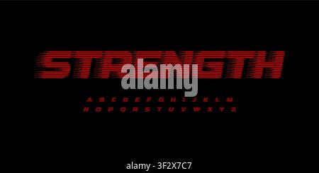 Solid Strength Futuristic Font Line Halftone Blur Logo Alphabet, Bold Italic Red Letters. Modern Typographic Design for Cyber Security Tech Forum Stock Vector