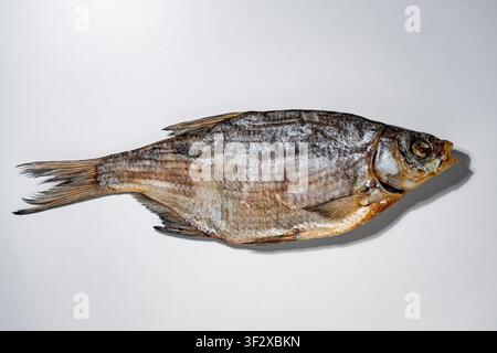 Dried salted fish on white background, close up. Top view of traditional dried stockfish or smoked bream on grey background. Popular beer snack, seafo Stock Photo