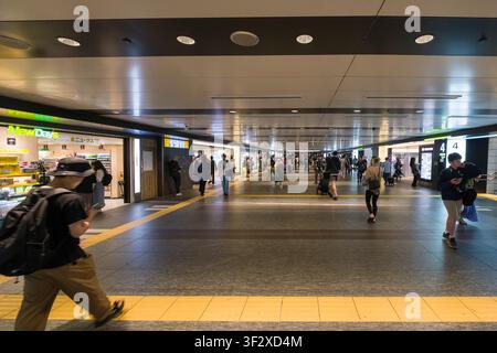 Tokyo Station's expansive interior bustles with activity as commuters and travelers navigate the lengthy passageways. Illuminated by modern lighting, Stock Photo
