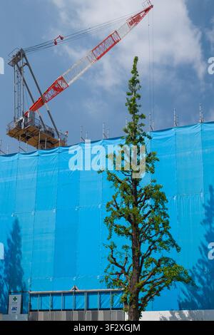 This view in Shinagawa City, Tokyo showcases ongoing construction with a large building enveloped in protective blue mesh and serviced by a prominent Stock Photo