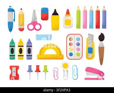 Cute school supplies set. Vector illustrations in flat style. Stock Vector