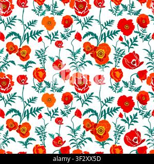 Red poppy seamless pattern . Hand drawn. Not AI, vector illustration. Stock Vector