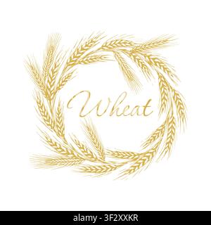 Graphic silhouettes of grain ears . Round wreath of wheat ears Hand drawn. Not AI, vector illustration. Stock Vector